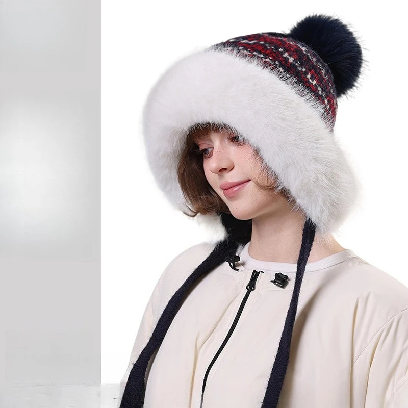 Korean Fashion Winter Jacquard Big Fur Collar Hairball Knitted Hat Girls Outdoor Windproof Face Snow Hat Hairball Hat