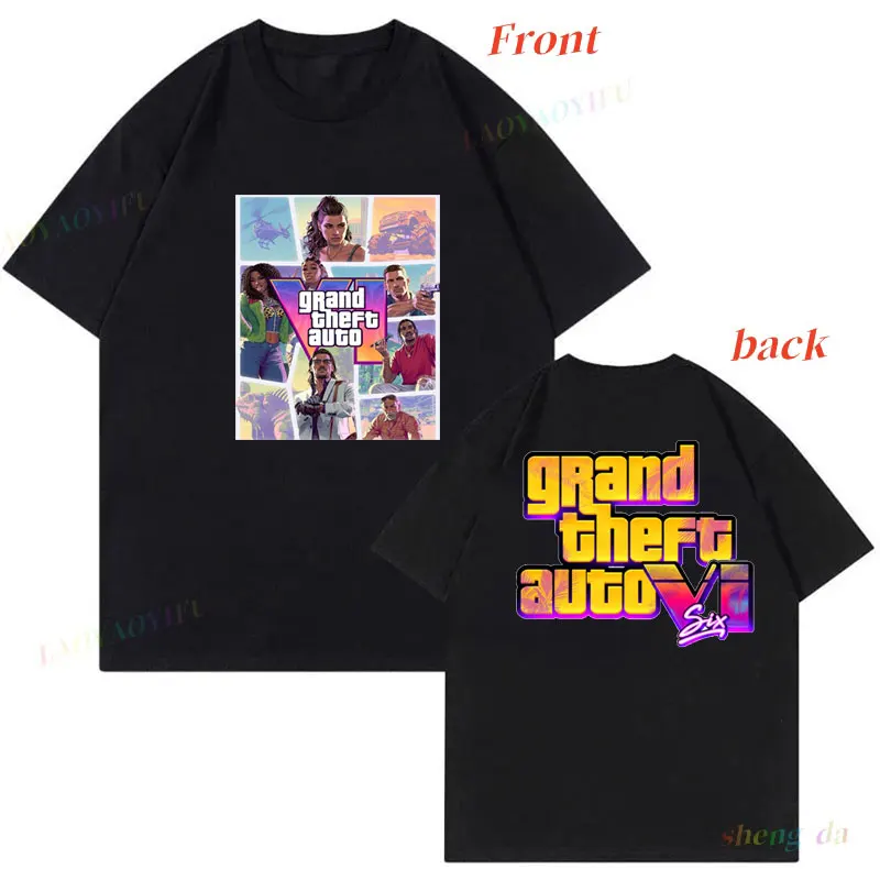 تي شيرت Grand Theft Auto VI GTA6 تي شيرت Vice City مزدوج الجانب مطبوع قطن جرافيك تي شيرت ألعاب عاشق للجنسين ملابس Harajuku تي شيرت