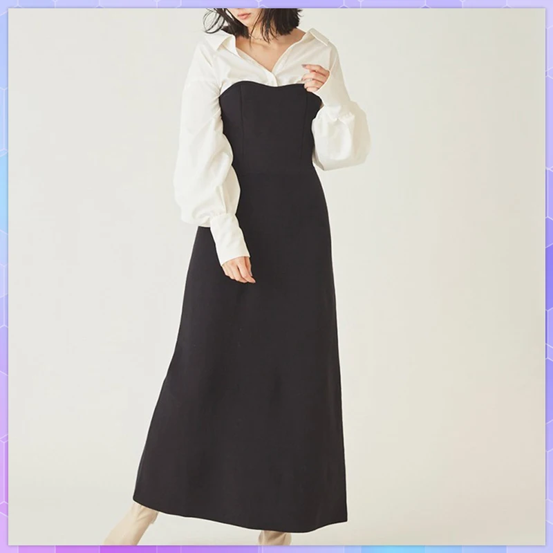 Japan Style Midi Dress Fake 2 Pieces Patchwork Elegant Bodycon Dresses For Women Trun-Down Collar Long Sleeve Robe Femme Платье