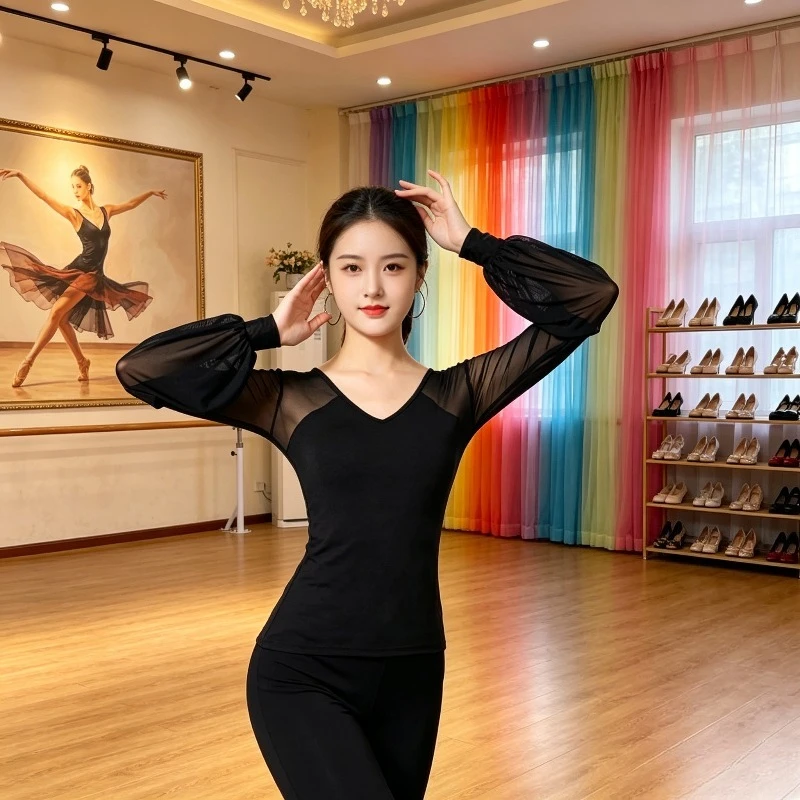 

Women Latin Dance Jumpsuit Sexy Mesh Long Sleeve V-neck National Standard Modern Dance Practice Competition Wear Dancewear
