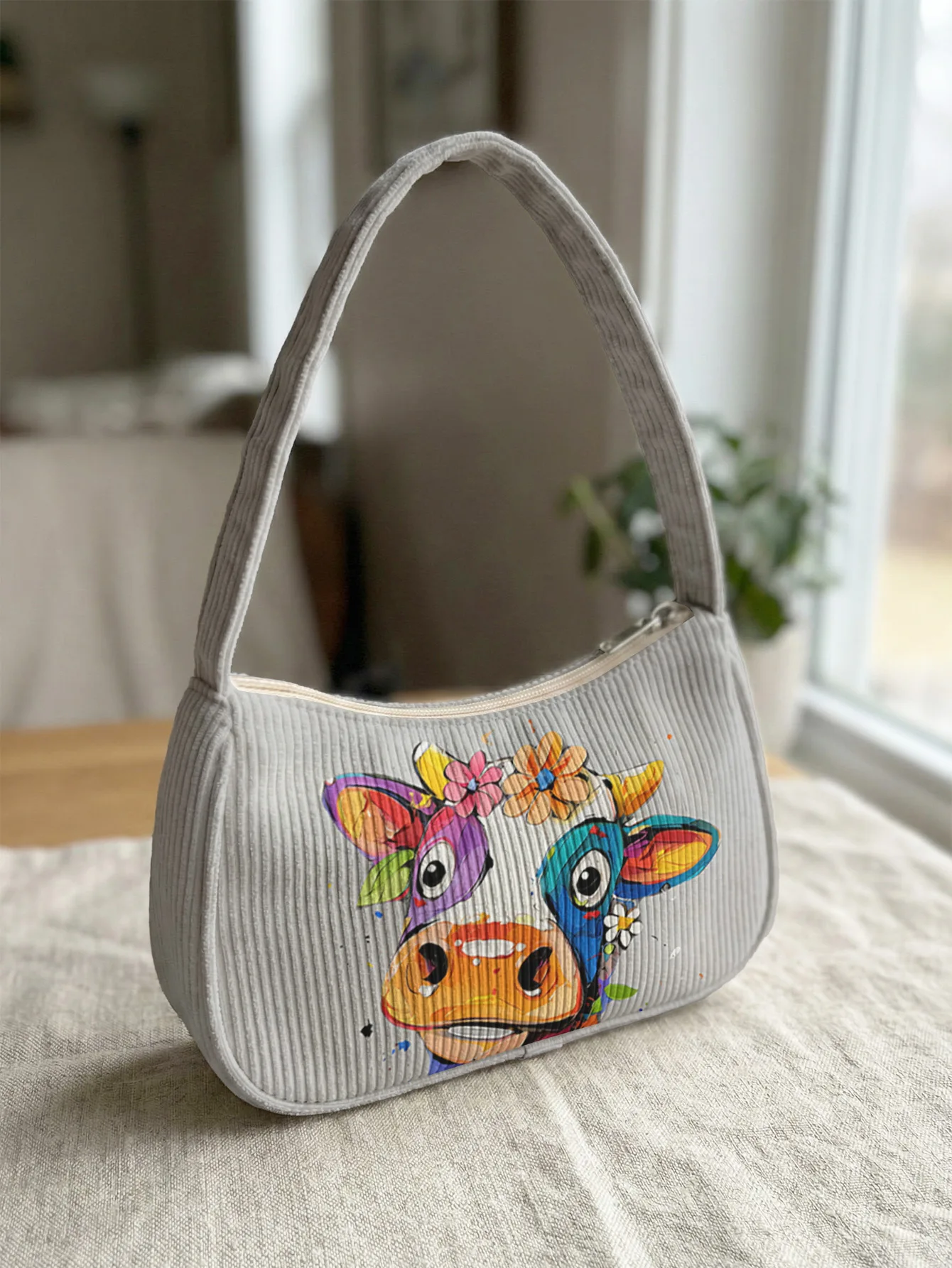 

Модная яркая сумка через плечо с цветочным принтом и изображением коровы, игривая вельветовая сумка-багет