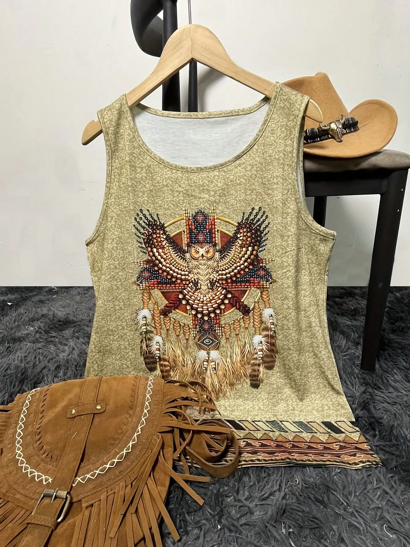 سترات السيدات مطبوعة العرقية الغربية عادية بلا أكمام تي شيرت المرأة سترة فضفاضة الرجعية #3