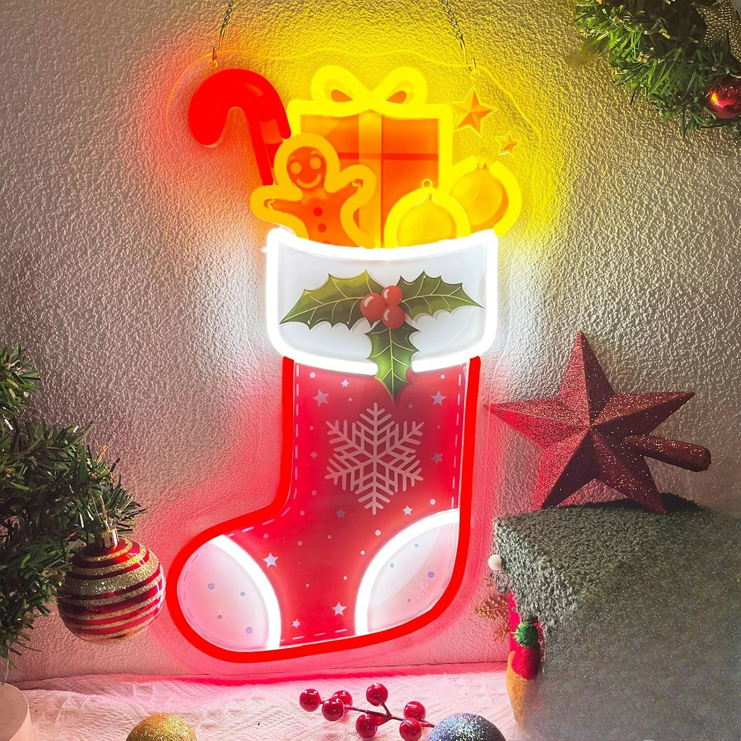 Christmas Stocking Neon Sign Gingerbread Man Led Light For Holiday Wall Hanging Decor Xmas Party Indoor Background Ornament