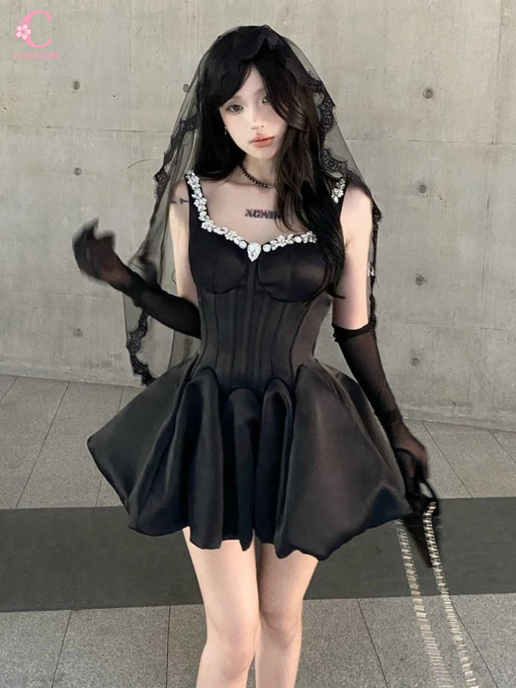 

Summer French Socialite Spaghetti Strap Puff Dress Women Summer Hepburn Style High Waist Princess Party Dress Elegant Mini Gown