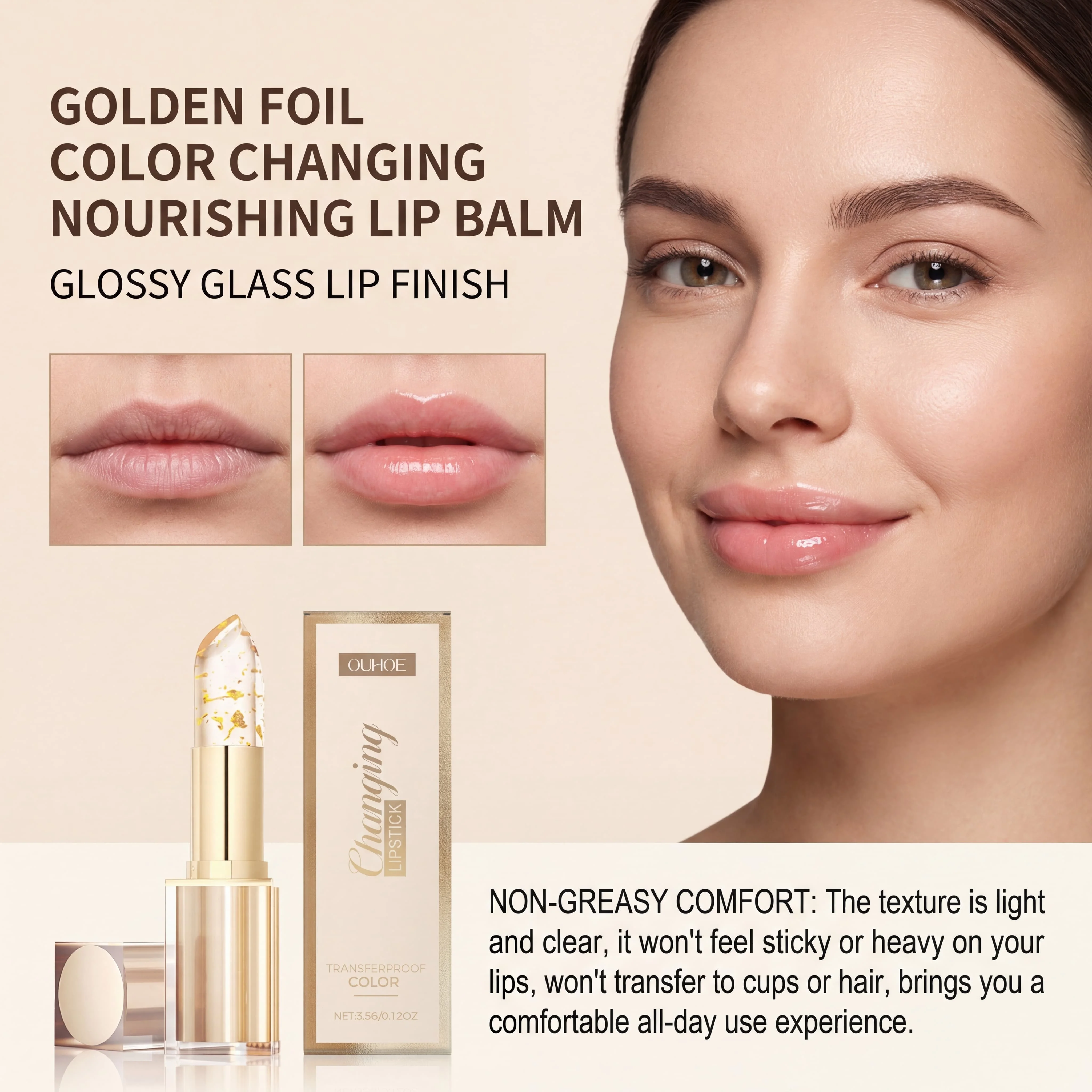Gold Foil Lip Balm Color Changing Lipstick Temperature Color Long Lasting Hydrated Gloss Deep Nourishment Jelly Lip Balm