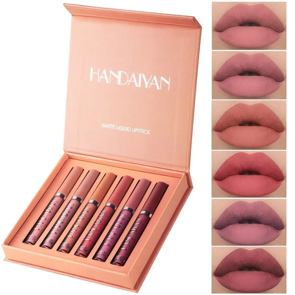 6 teile/satz Heißer Verkauf HANDAIYAN Flüssigen Lippenstift Samt Langlebig Lip Gloss Set Antihaft Tasse Matte Finish Lippenstift