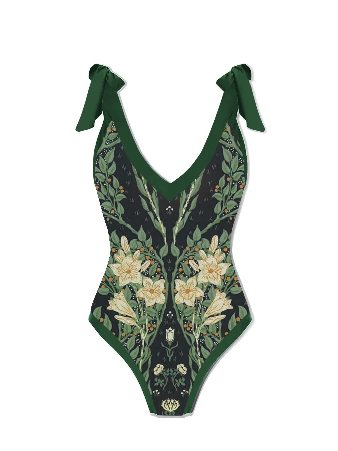 2023 Spring  And  Summer New Dark Green Vintage  Floral  Print Deep V Lace-up  All-in-one Swimsuit And Cover Up