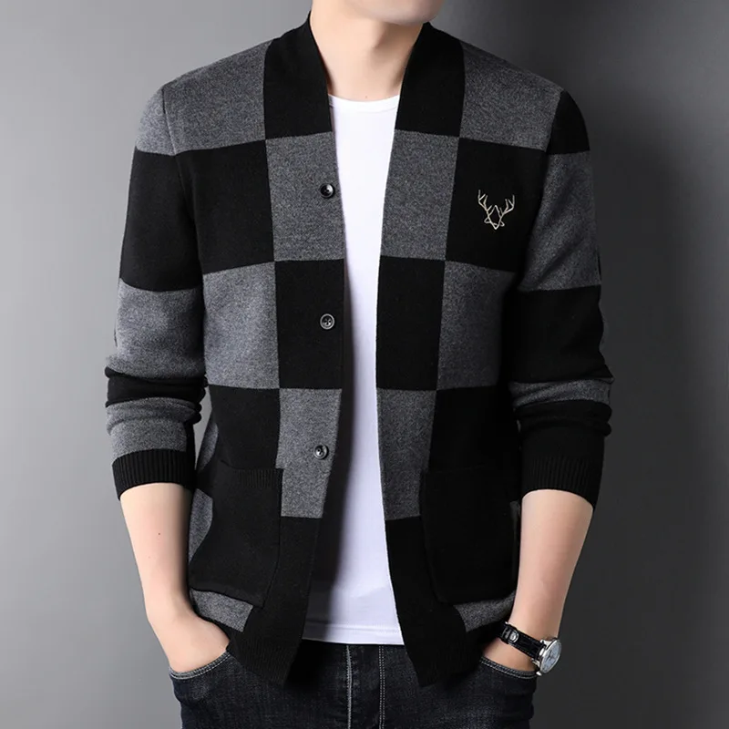 Men's New Autumn New Single Button Long Sleeve Knit Cardigan Youth Korean Version Check Trend Men's Sweater Jacket