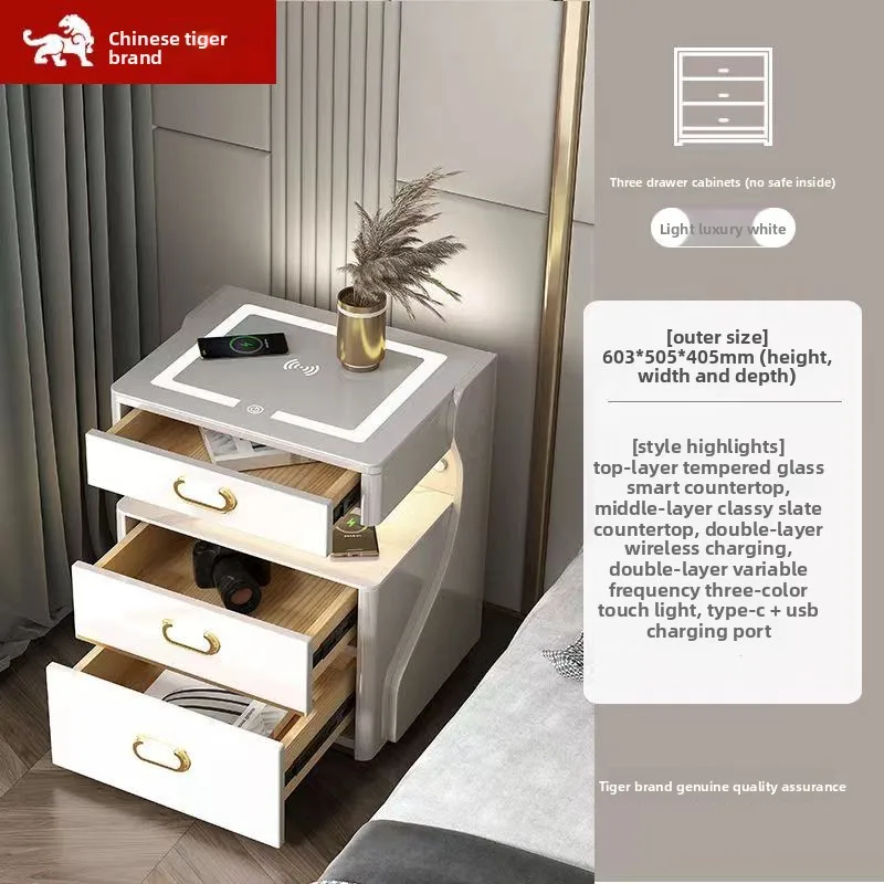خزانة متكاملة متعددة الوظائف، طاولات شحن لاسلكية مزدوجة، طاولة بجانب السرير الذكية، منضدة ذكية مع آمنة
