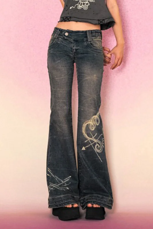 

2025 New American Vintage Heart Print Low Waist Jeans for Women Y2K Slim Fit Flared Pants Hot Girl Aesthetic Denim Trousers