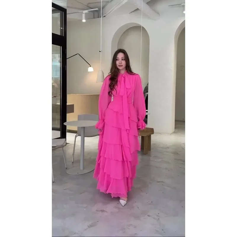 New in Summer Fashion Generous Lotus Leaf Splicing Princess Style Chiffon Design Sense Half High Neck Long Dresses