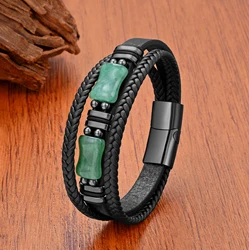Luxury Natural Geometric Green Stone Charm Mens Bracelets Handmade Leather Chian Stainless Steel Bangles for Man Women Jewelry