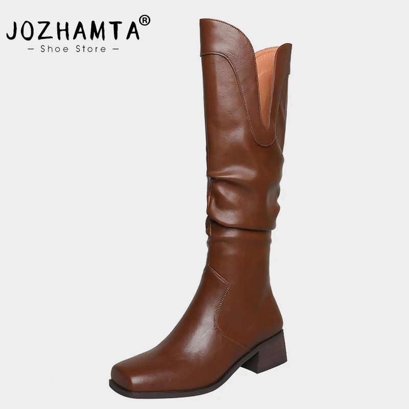 

JOZHAMTA Size 33-40 Women Knee Boots Genuine Leather Retro Brown High Heels Shoes Women Winter 2023 Square Toe Long Boots