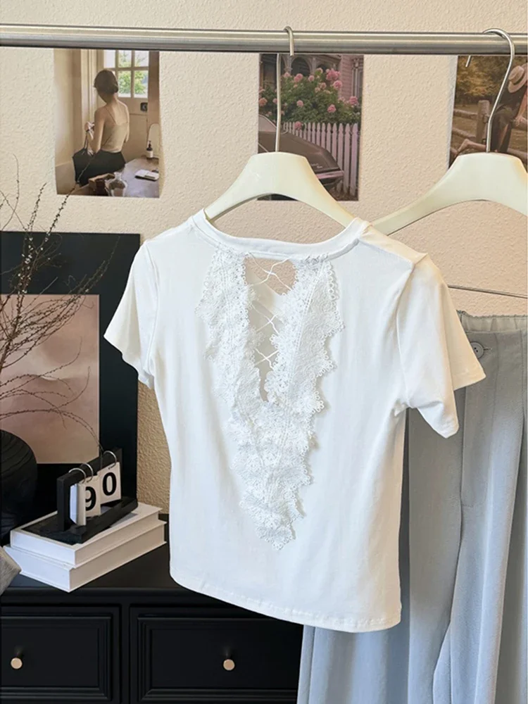 

Y2k сексуальные белые футболки женские дизайнерские нишевые футболки с короткими рукавами модные тонкие ажурные однотонные топы