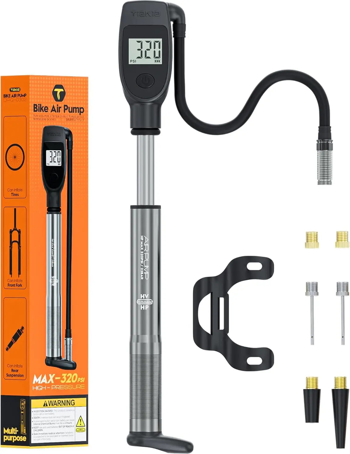 

High Pressure Shock Pump with Digital Gauge for Bike Suspension & Tires, Portable Frame Pump for Schrader/Presta