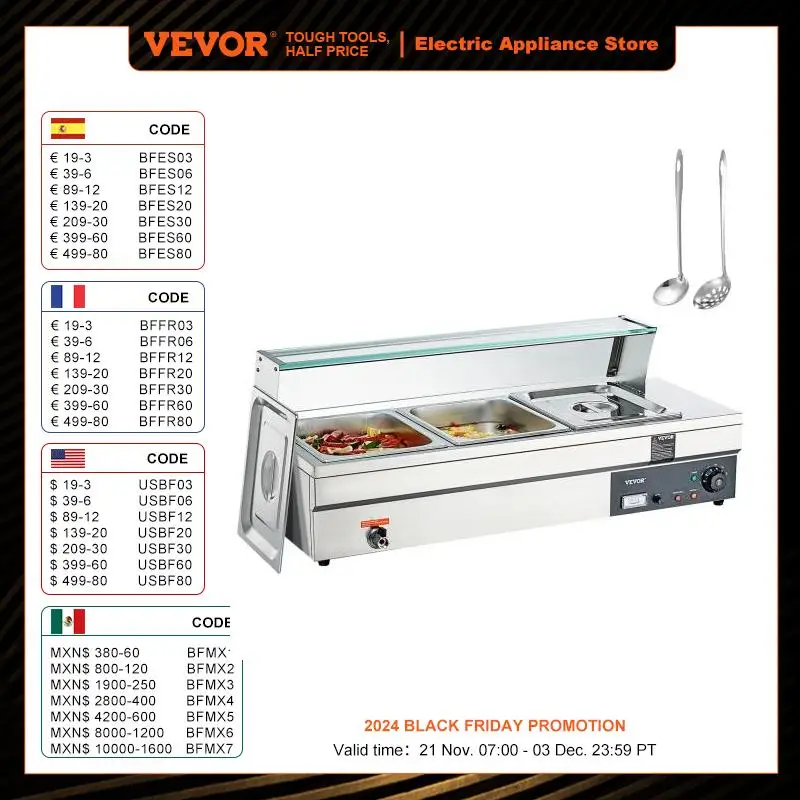 VEVOR 3-Pan Commercial Food Warmer 3x12QT Electric with Tempered Glass Cover 1500W Countertop Stainles Steel for Catering Silver