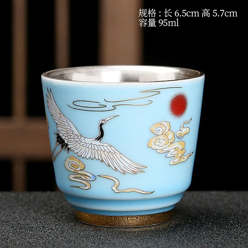 

Jihong Crane Gilt Silver Kung Fu Set Enamel Color Master Ceramic Large Tasting Bowl Sweet Tea Cup