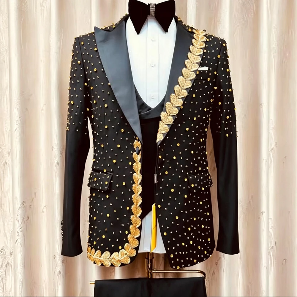Groom Suit For Wedding Exquisite Gold Beading Stones Appliques Single Breasted Jacket Vest Pants 3 Pieces Sets   Costumes Hommes
