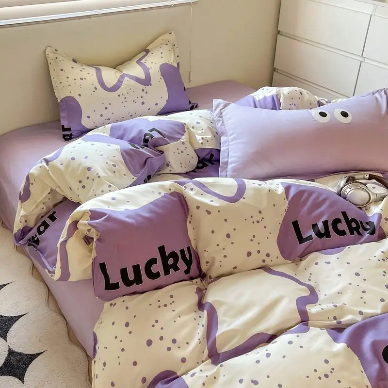 Cute Bedding Set Big Eyes Stars Duvet Cover Bed Sheet Pillowcases No Filler Floral Ins Single Queen Size Bed Linens