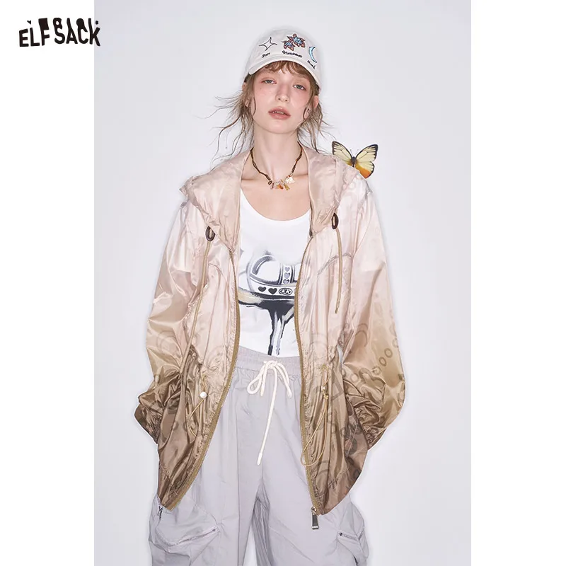 ELFSACK 2025 Spring New Arrivals Gradient outdoor hooded jacket for women, casual retro and relaxed top
