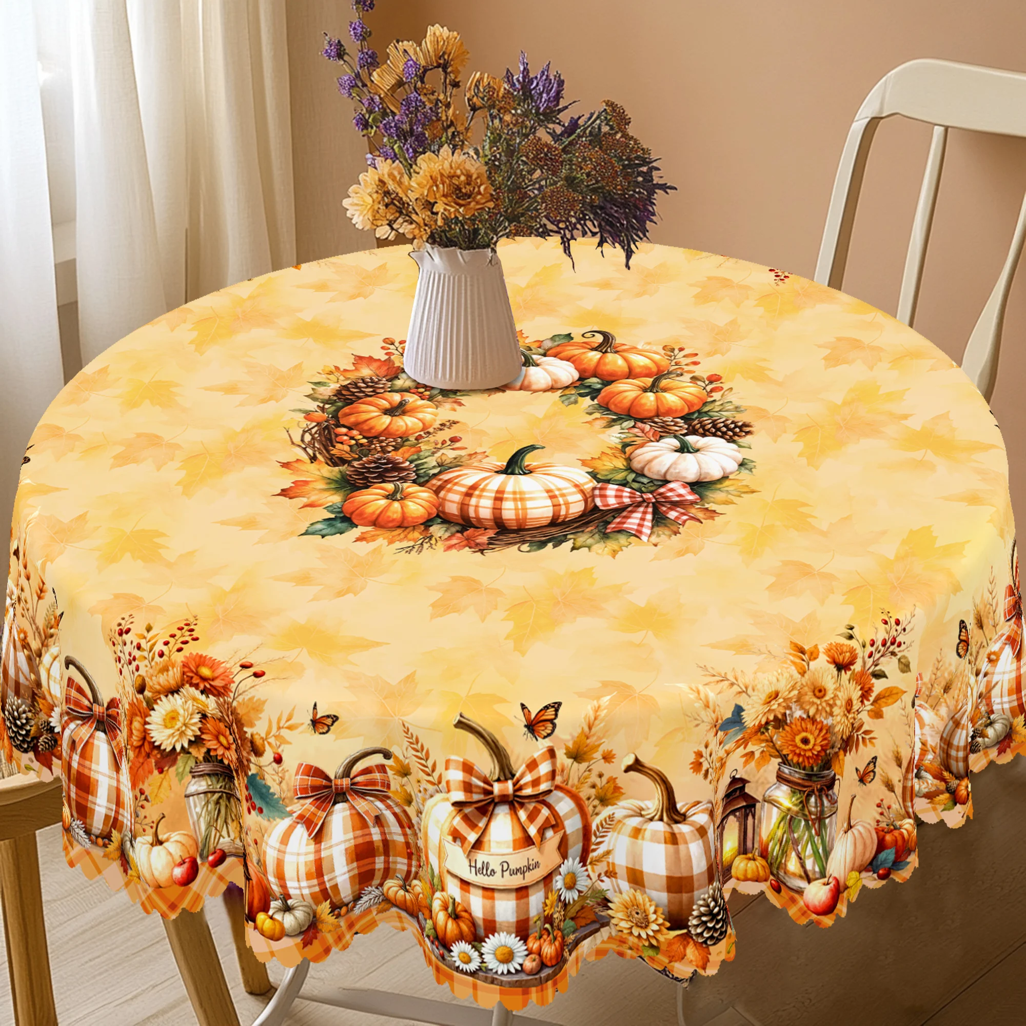 1 Piece of Autumn Thanksgiving and Autumn Harvest Festival Themed Printed Tablecloth, Vintage Country Farmhouse Style, Bright Pumpkins, Floral Pattern Design, Suitable for Holiday Gatherings, Camping Picnics, Garden Bbqs, Birthday Party Decorations, Kitchen Accessories, Tablecloth for Indoor and Outdoor Use in Restaurants and Patios, Perfect Gift for Friends, Round and Rectangular Tablecloths, Available in Various Sizes