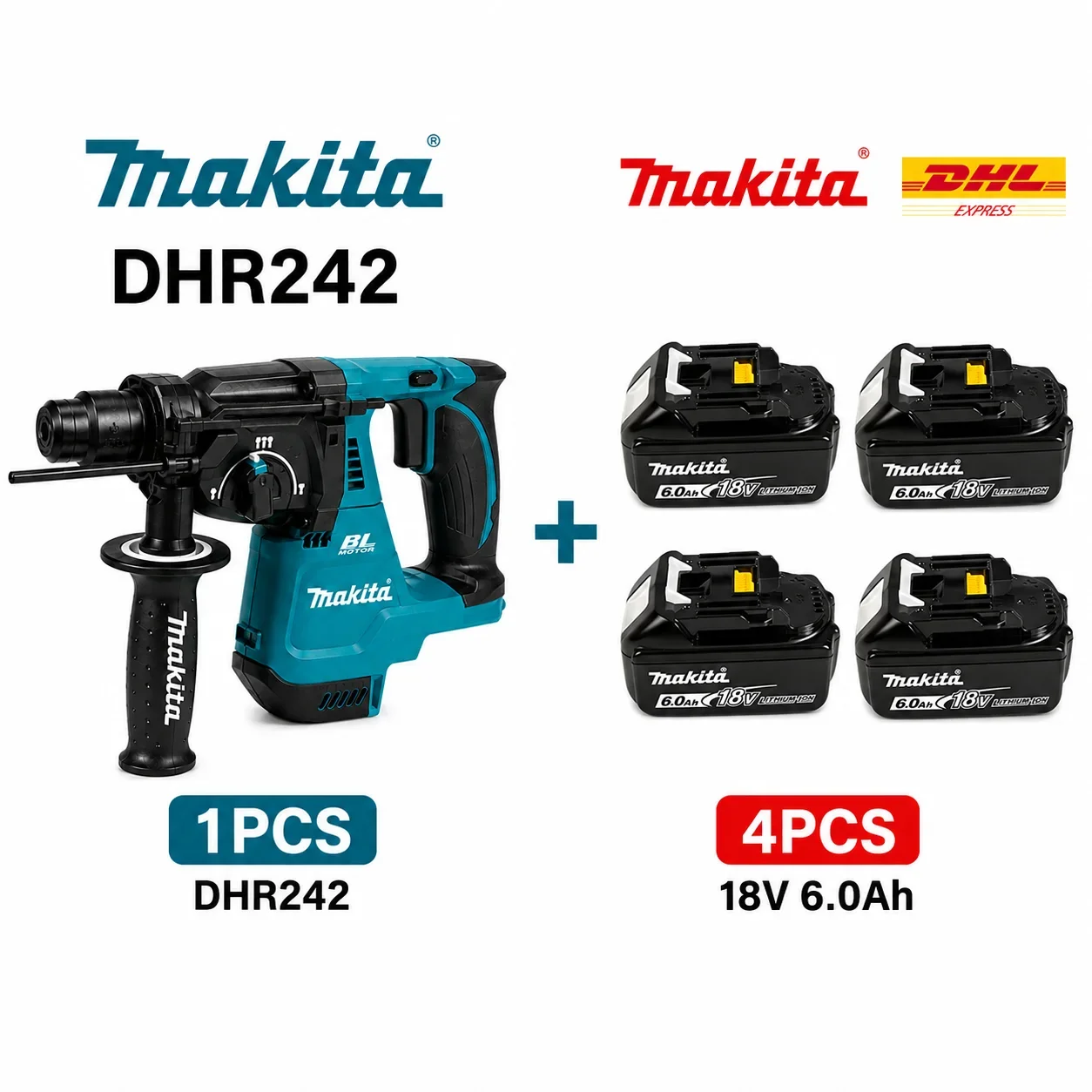 Makita DHR242 18V LXT Bürstenloser Akku-Bohrhammer 24mm SDS Plus 2,0J 4700 BPM 3-Modus Beton-Bohrwerkzeug-Set mit BL1860B BL1840 Akku-Ladegerät