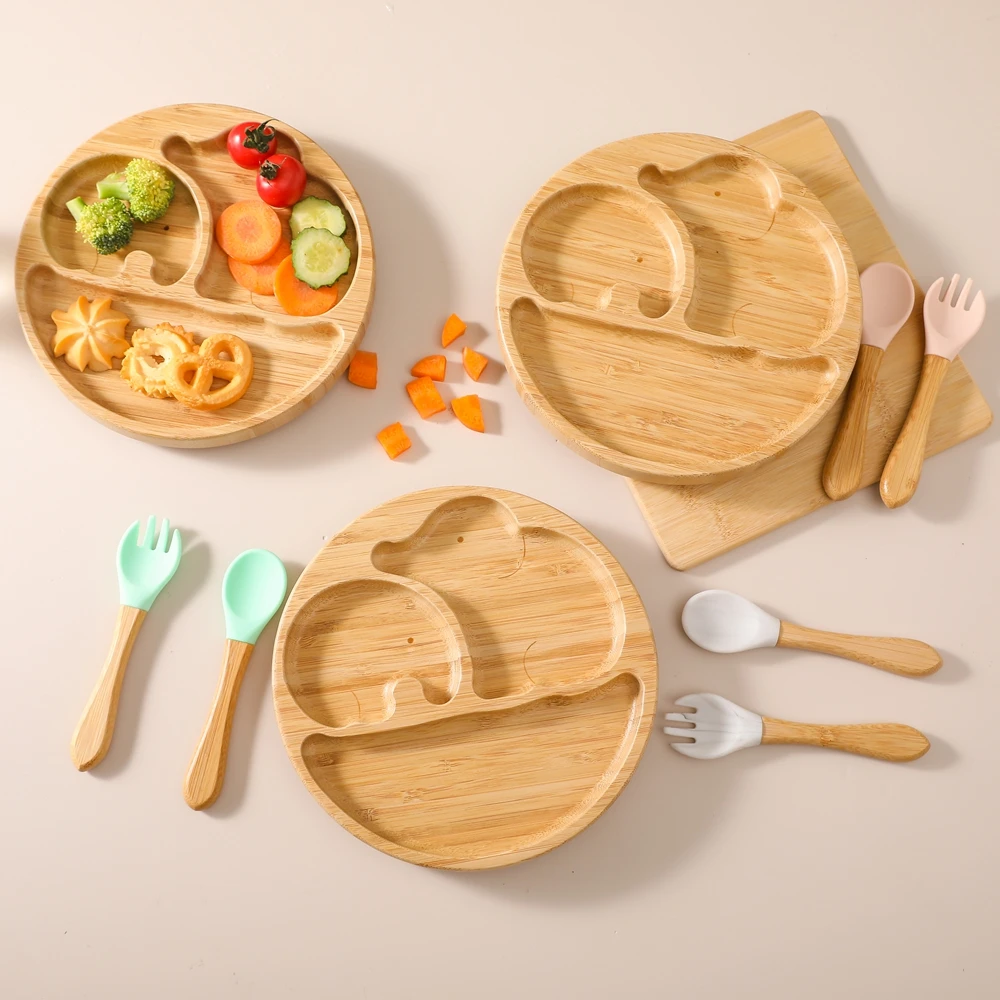 3PCS Baby Houten Voeden Servies Sets Kid Voeden Servies Siliconen Vork Lepel BPA Gratis Kids Servies Plaat Boog Divider voedsel