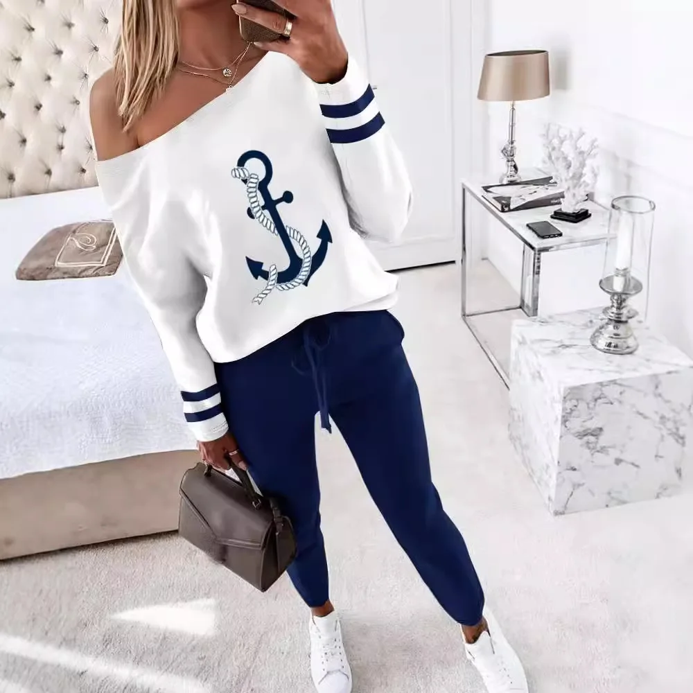 2PCS Anchor Print Striped Skew Neck Top & Stretchy Waistband Pants Set Women Autumn Winter