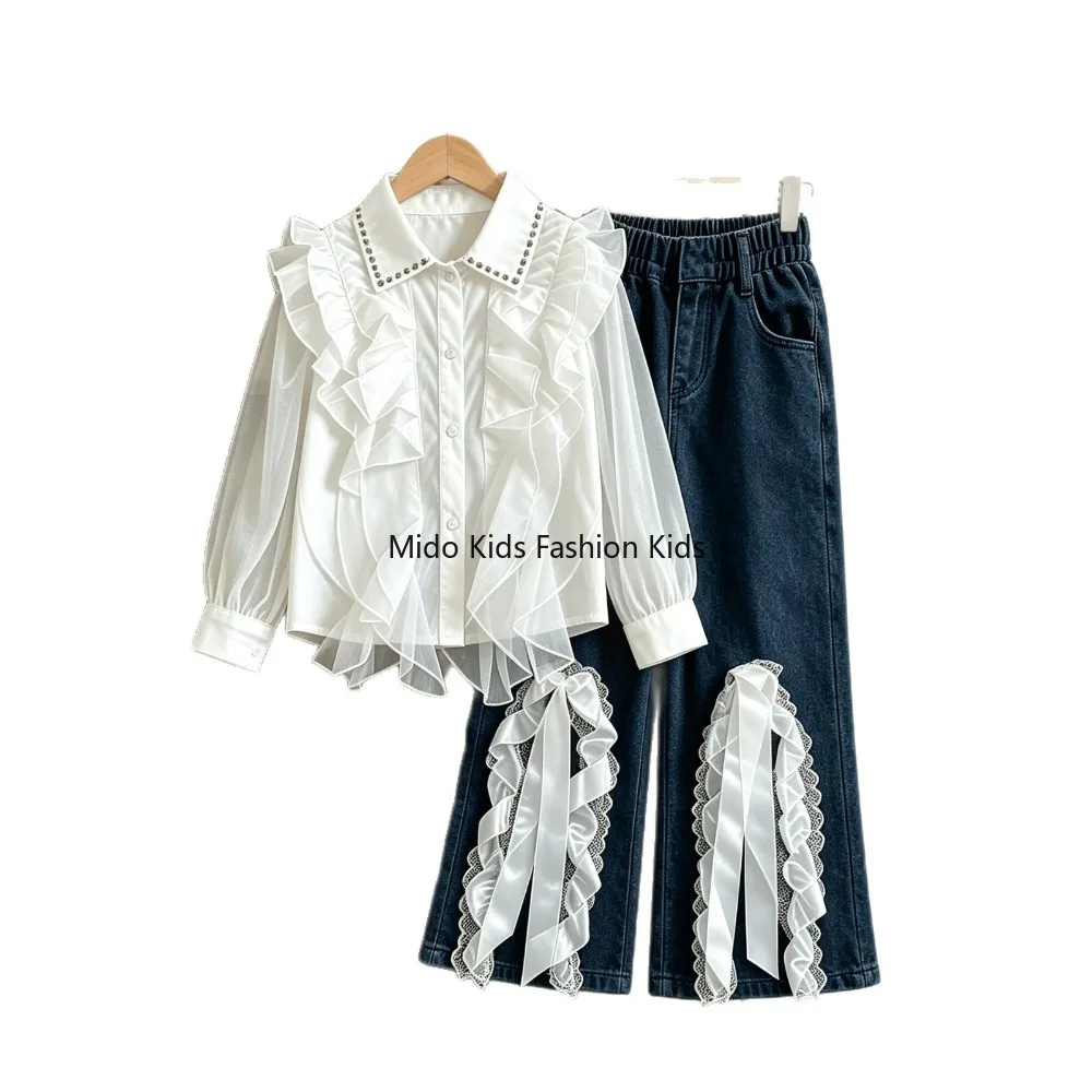 High Search High Exposure Girls Autumn Winter Heavy Beaded Ruffle Shirt + Lace Trim Denim Pants Outfit Kids 2Pcs Clothing Set