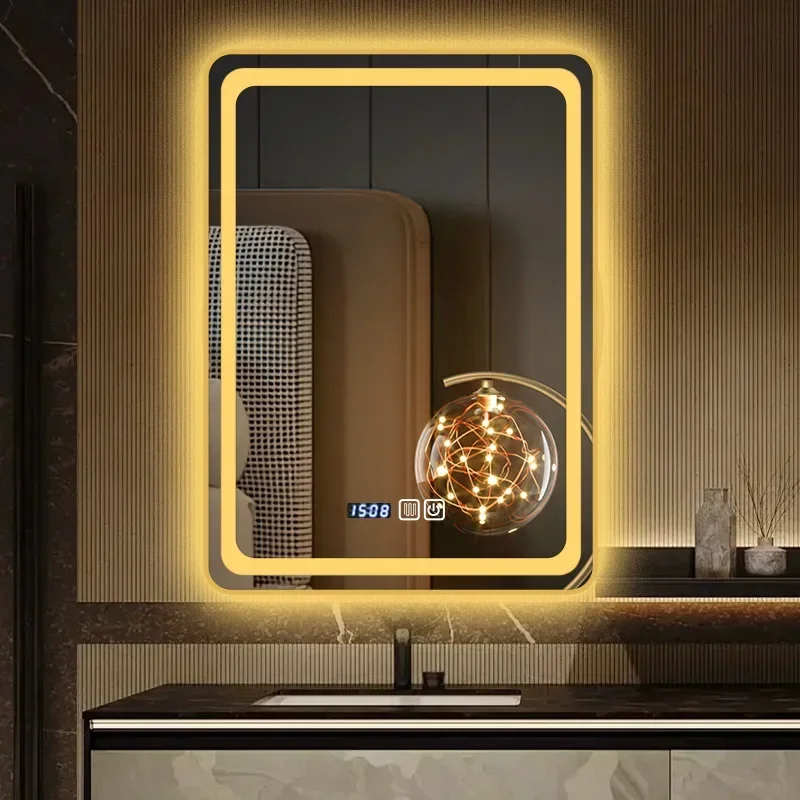 

Fashion Square Smart Bathroom Mirror Led with Light Bathroom Luminous Mirror Metal Hemming Plug-in Smart Mirror in Bathroom