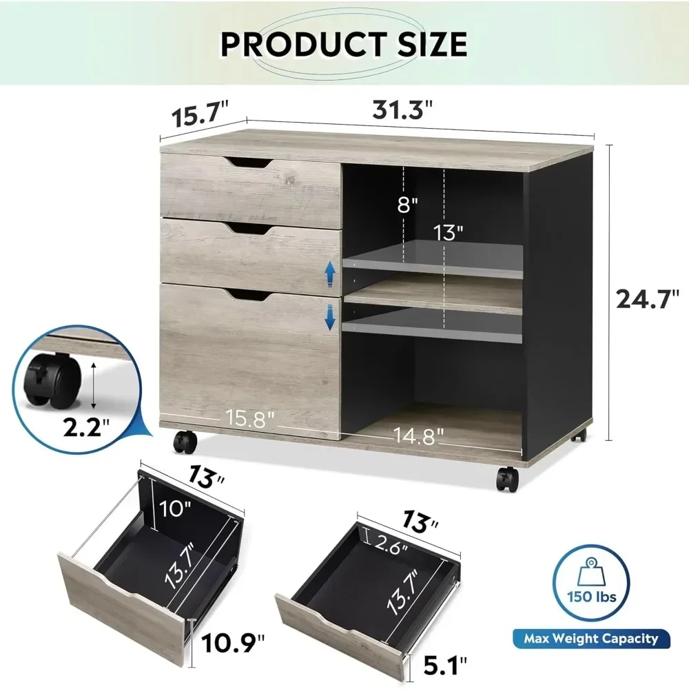 Wood File Cabinet, 3 Drawer Mobile Lateral Filing Cabinet on Wheels, Printer Stand with Open Storage Shelves for Home/Office