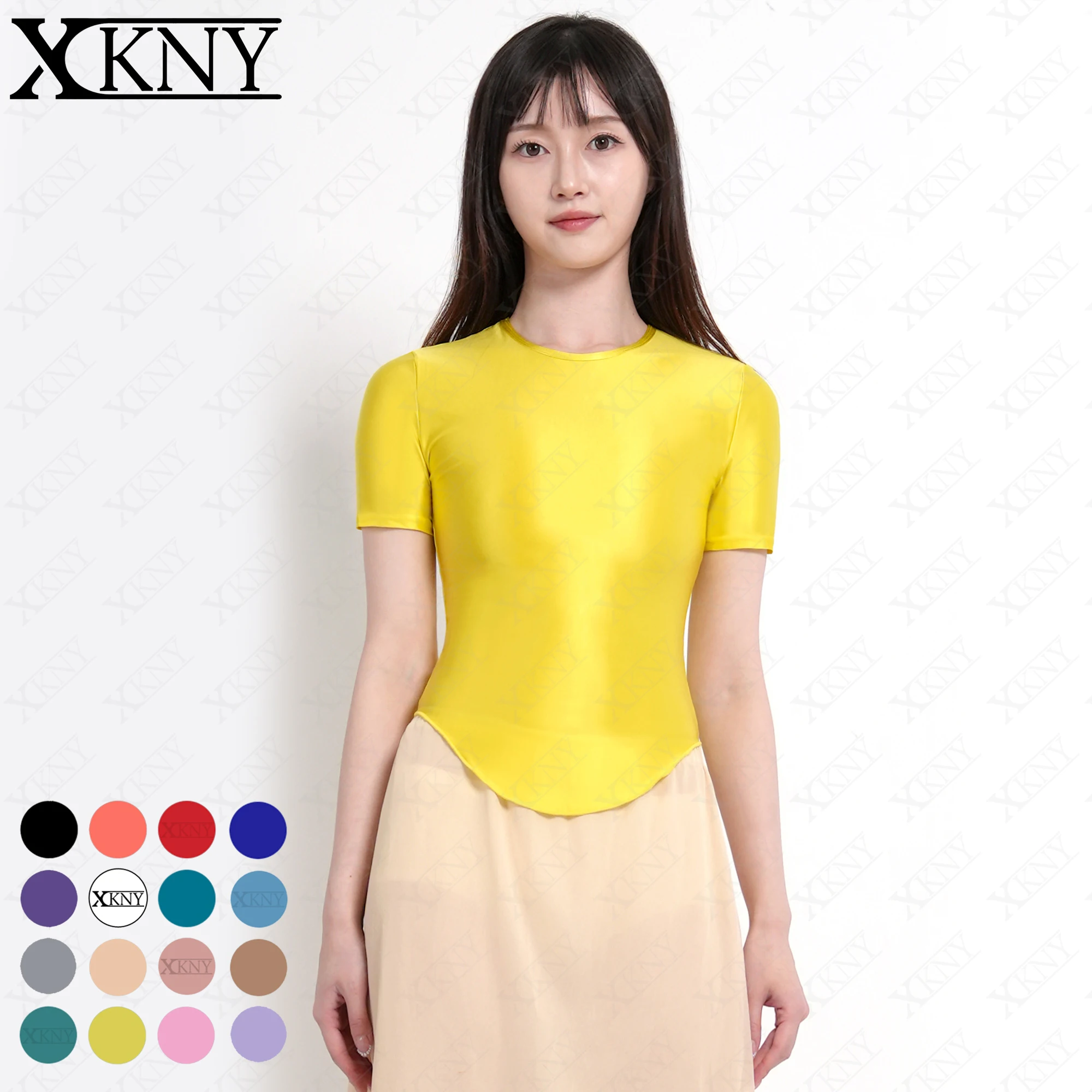 

XCKNY Satin glossy top oil shine bottoming shirt short sleevele Arc long sleeves sports Yoga swim Undershirt Leisure top