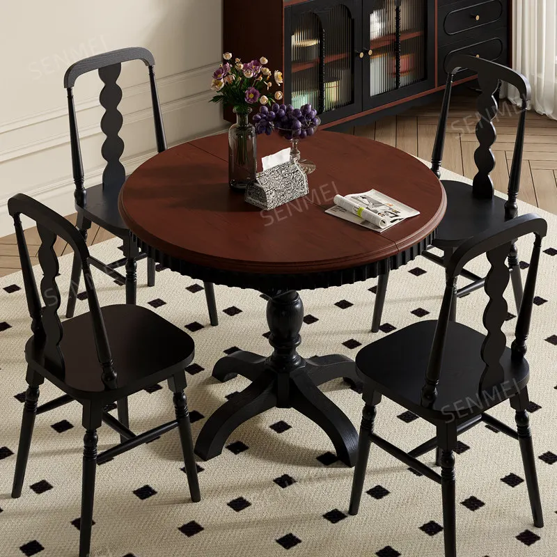All solid wood retractable folding round dining table and chair combination small apartment oval table