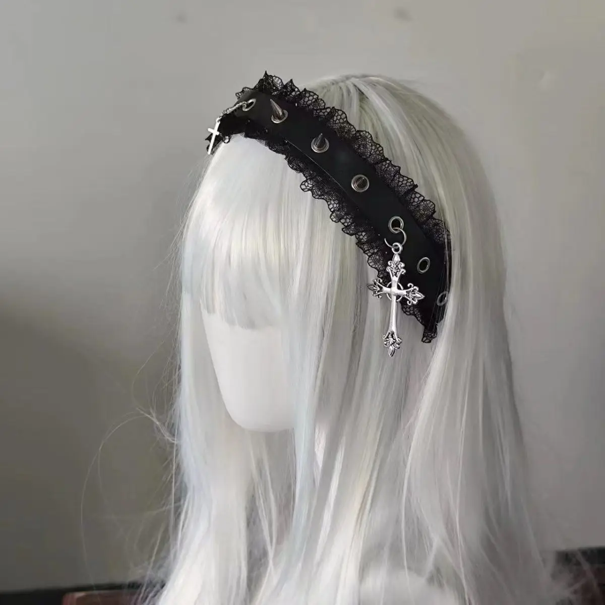 여성용 스트리트 웨어 Y2K 소녀 머리 장식, 스팀펑크 스파이크 크로스 블랙 화이트 레이스 머리띠, 로리타 고딕 메이드 카와이 액세서리
