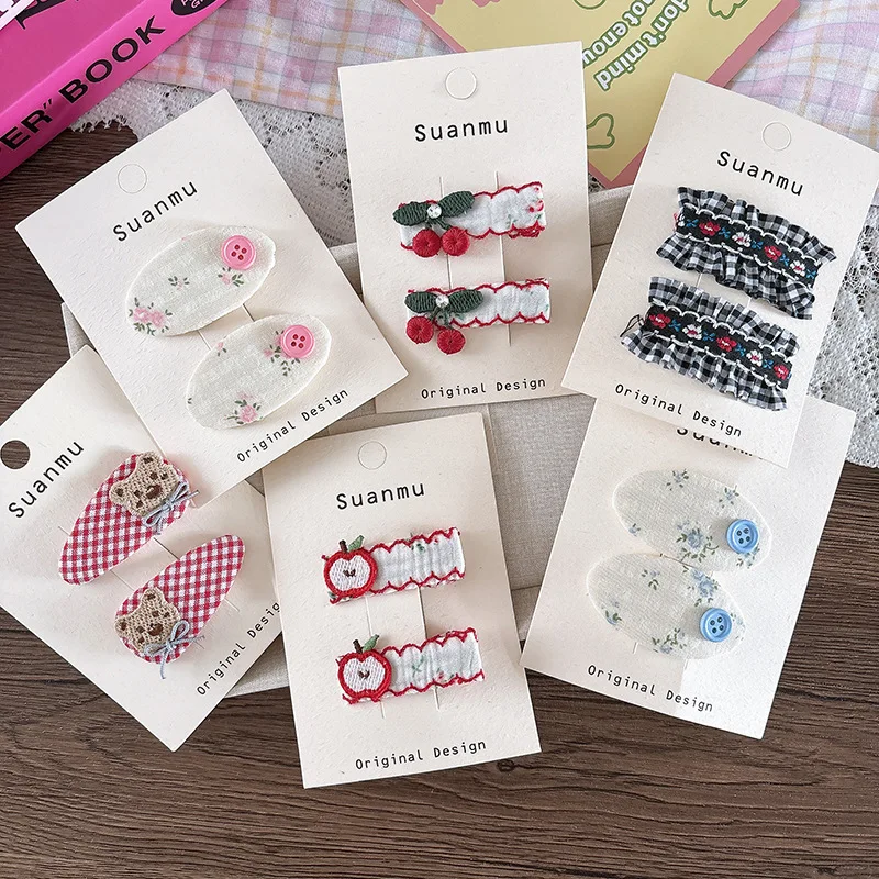 2 pçs tecido bordado crianças grampos de cabelo floral presilhas headwear franja bb clipe doce meninas grampos crianças acessórios para o cabelo