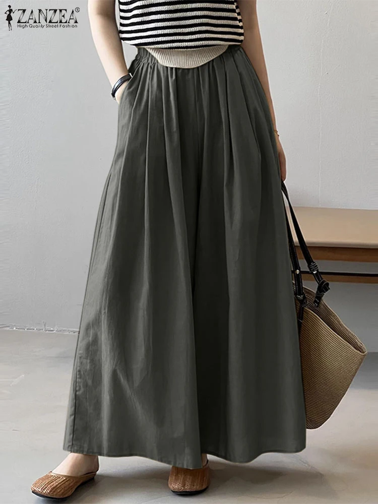 Women Wide Leg Long Pants ZANZEA Fashion Solid Loose Trouser 2024 Casual Mid-Waisted Pantalons Korean INS All-match Bottoms