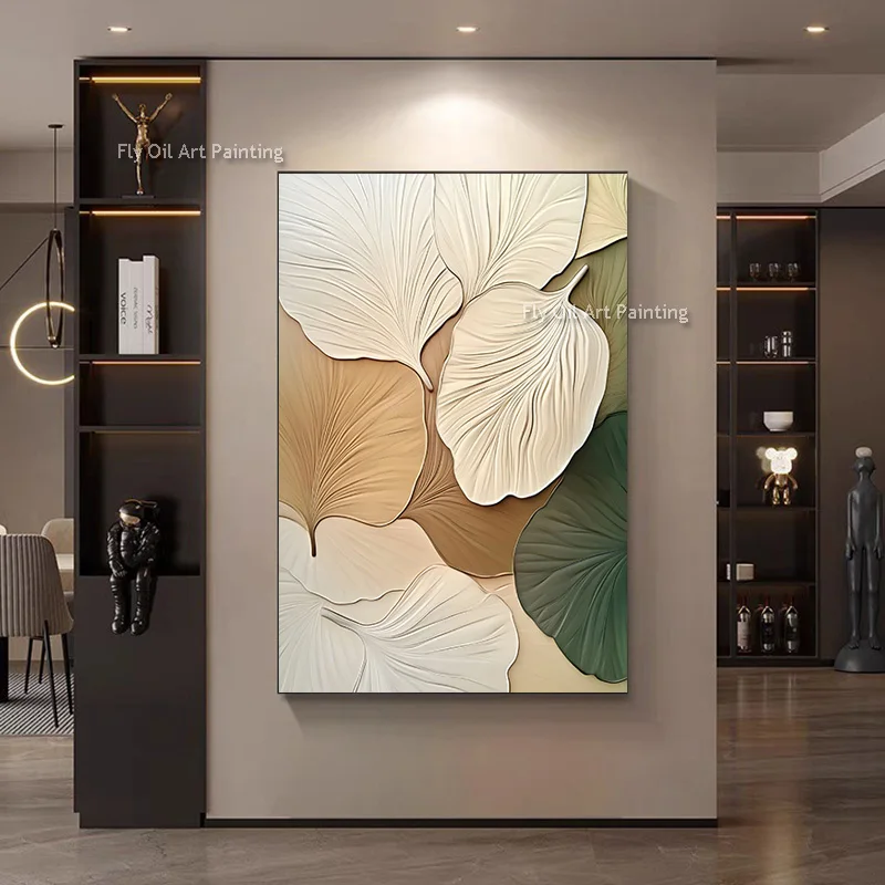Orange Grey Abstract Thick Leaves Canvas Wall Art Hand Painted Beige Brown Leaf Oil Painting Original Artwork For Room Decor