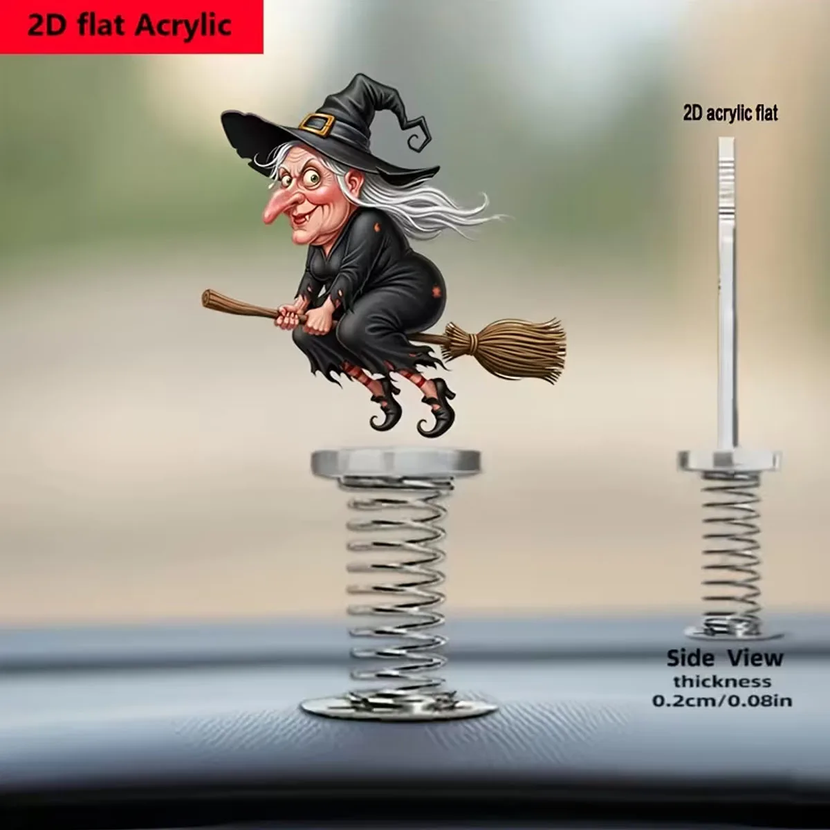 Witch Riding Broom Car Dashboard Figurine, Colorful 2D Swing Car Decor, Gift for Friends Family Home Office