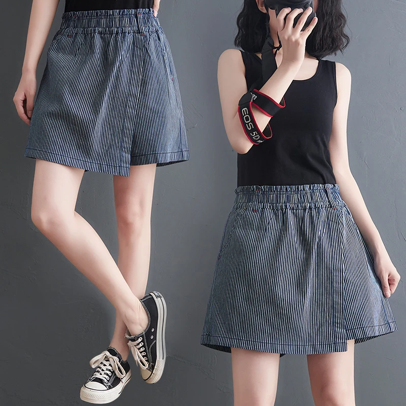 

Летние художественные джинсовые юбки больших размеров в полоску в стиле ретро, брюки с эластичной резинкой на талии, утягивающие универсальные широкие джинсы с высокой талией