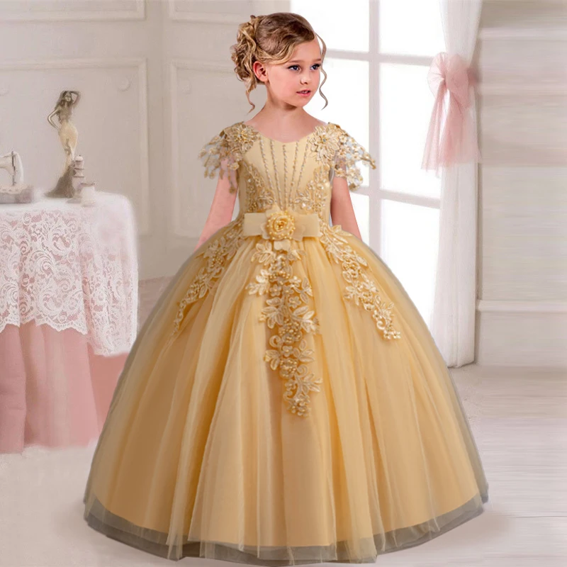 2025 New Elegant Girl Wedding Dress Embroidered Mesh Princess Dress 4-12 Year Old Girl Graduation Party Prom Evening Dress