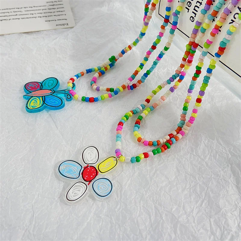 

Bohemia Colorful Beads Butterfly Flower Pendant Necklace For Women Cute Handmade Double Layer Beaded Clavicle Chain Jewelry 2023