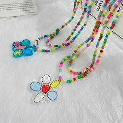 Bohemia Colorful Beads Butterfly Flower Pendant Necklace For Women Cute Handmade Double Layer Beaded Clavicle Chain Jewelry 2023