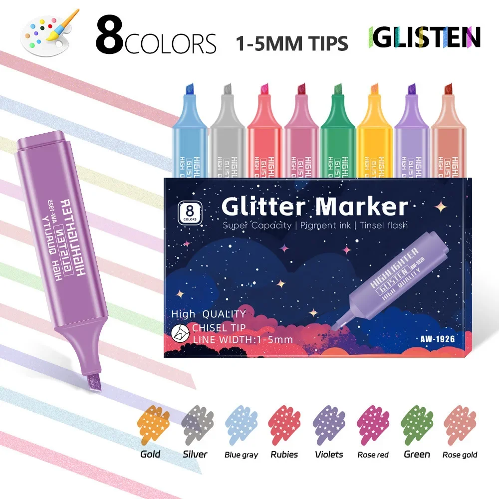 8pcs/Set Metallic Highlighter Morandi Gold Powder Glitter Highlighter Markers for Note Journaling Graffiti Pen Stationery Kawaii