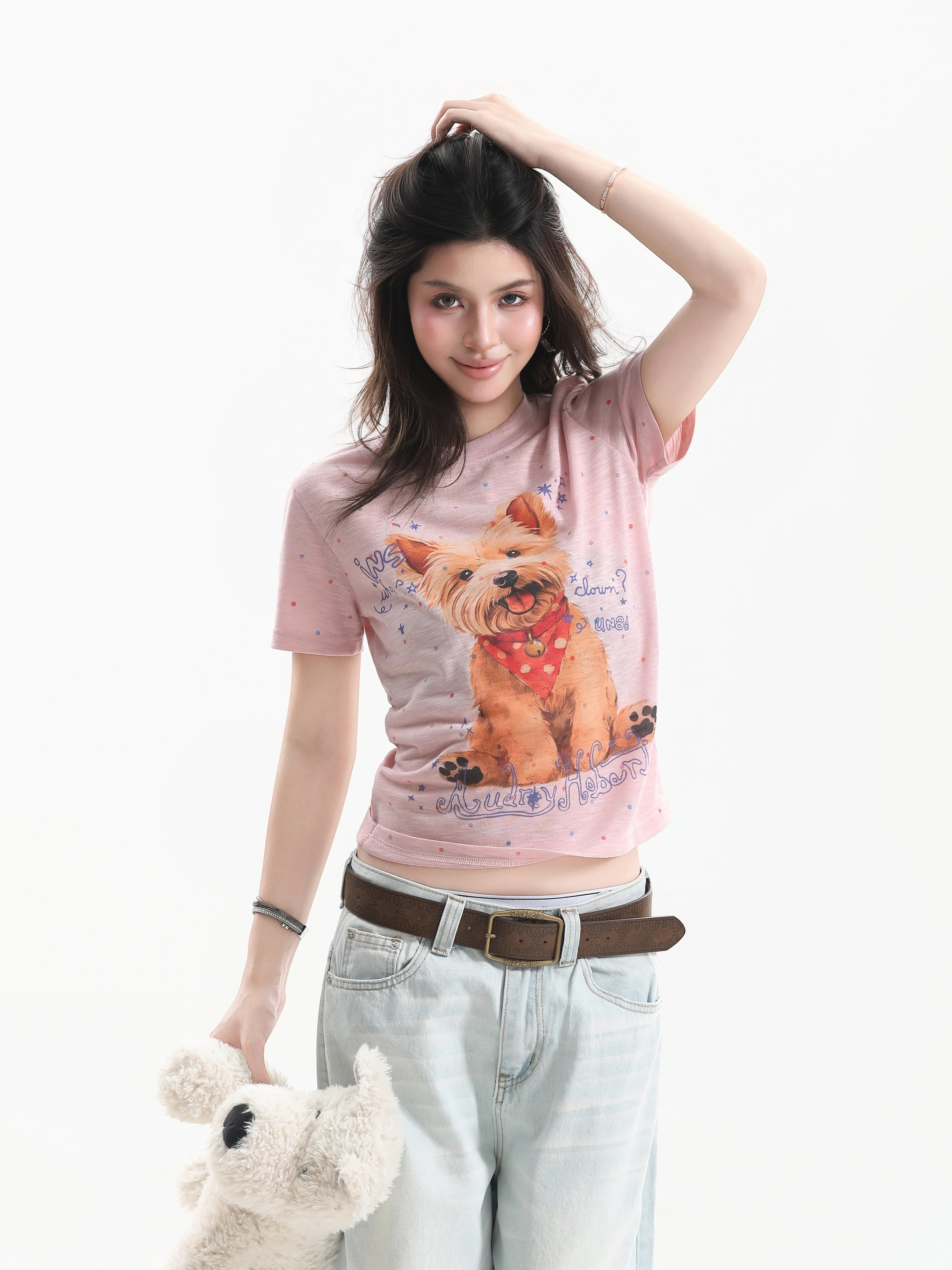 Small Ball Dog T-Shirt Women's Short Sleeve Retro American Style Fashionable Shoulder Fit Polyester Blend round Neck Top
