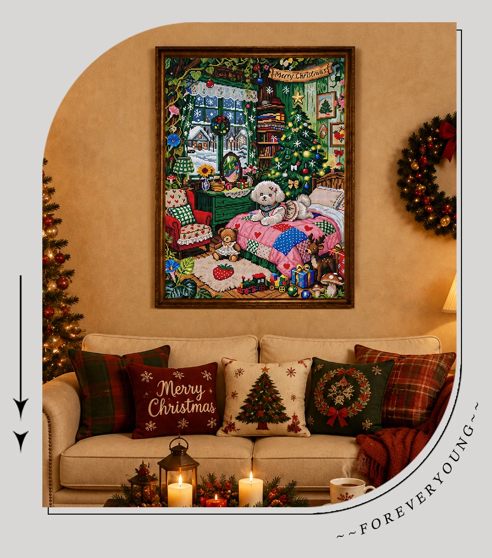 FOREVERYOUNG 5D Diamond Painting Kit, Bichon Christmas House 52×70cm, Square Resin+AB+Fairy Dust Drill, Flocking Canvas DIY. view 6