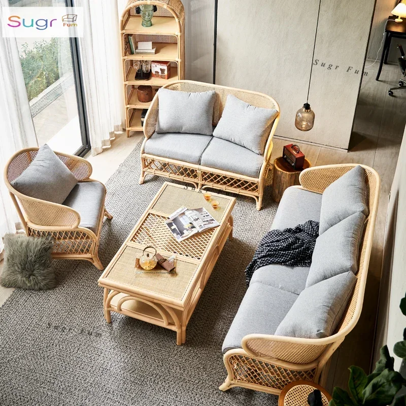 Rattan sofa Home South East Asia Living room recliner Country balcony Tea table Three people rattan chair combination