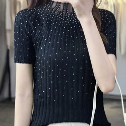 2023 Estate Slim Fit Tinta unita Diamante Incorporato Unico Manica corta Fine Imitazione di lana T-shirt lavorata a maglia Top elegante da donna