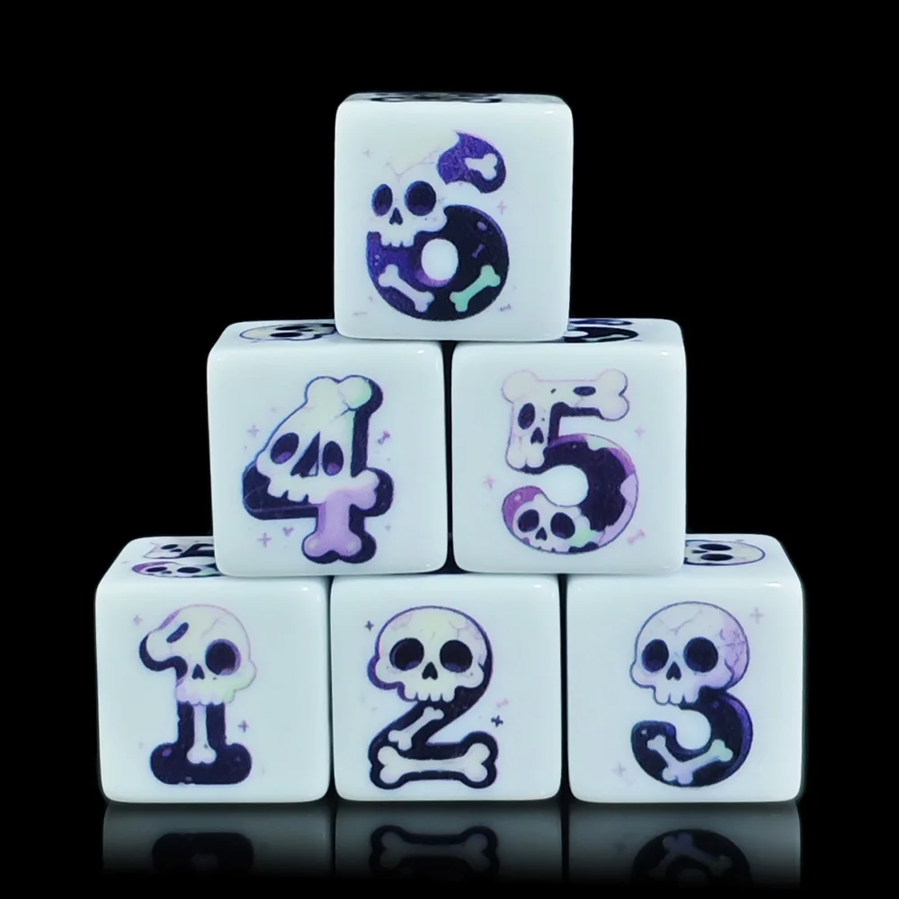 12PCS Printed Skull Bone D6 Acrylic Dice For DND TRPG, Acrylic Skeleton Print, Number 1-6, Tabletop Role Playing Game Dice DND