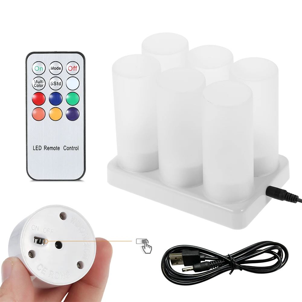 Set of 6 Rechargeable LED Color Changing Flickering Flameless Tealight Candles Lights with Remote Control for Christmas Party