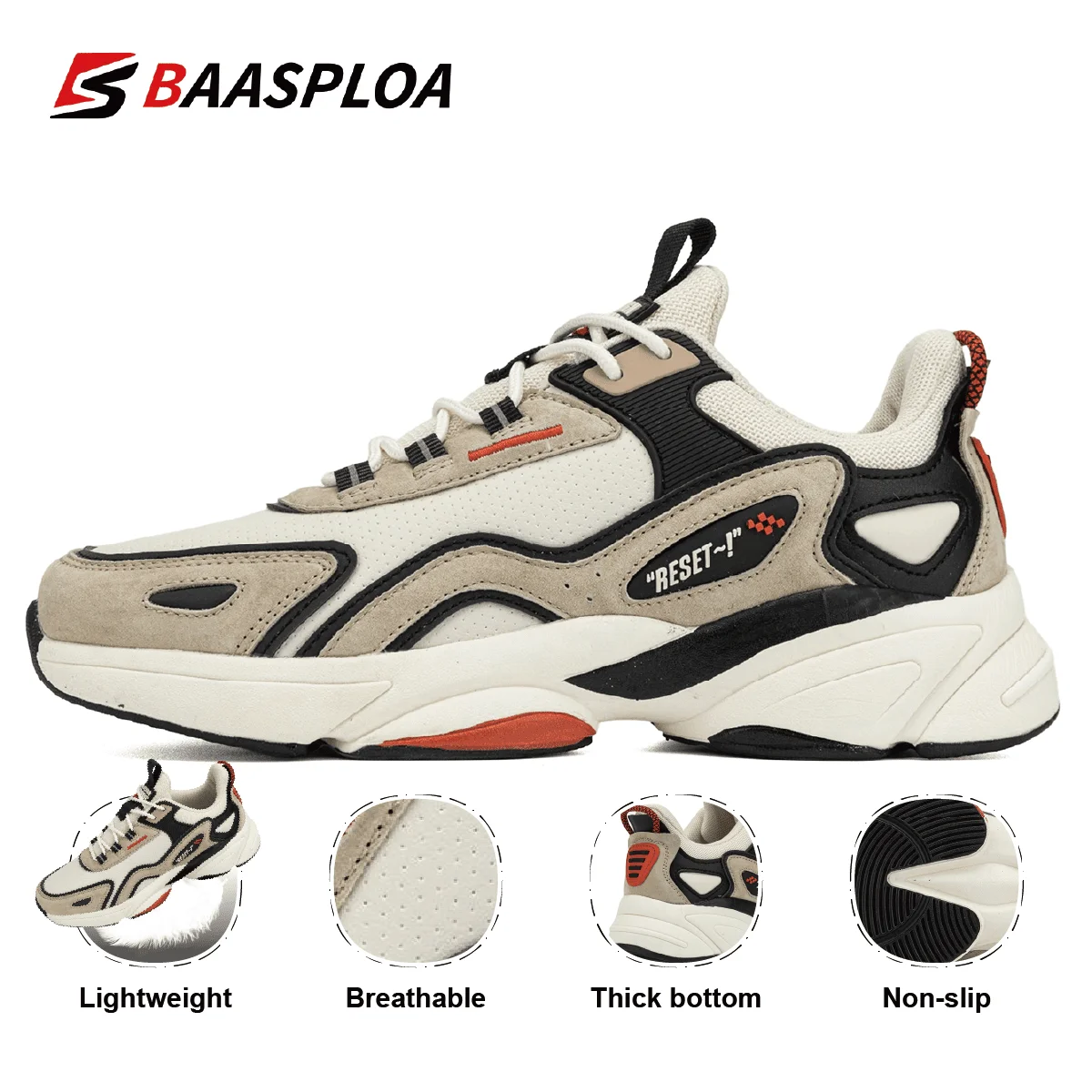 

Baasploa Men Running Shoes New Lightweight Designer Leather Casual Sneakers Male Outdoor Non Slip Lace Up Tennis Sports Shoes